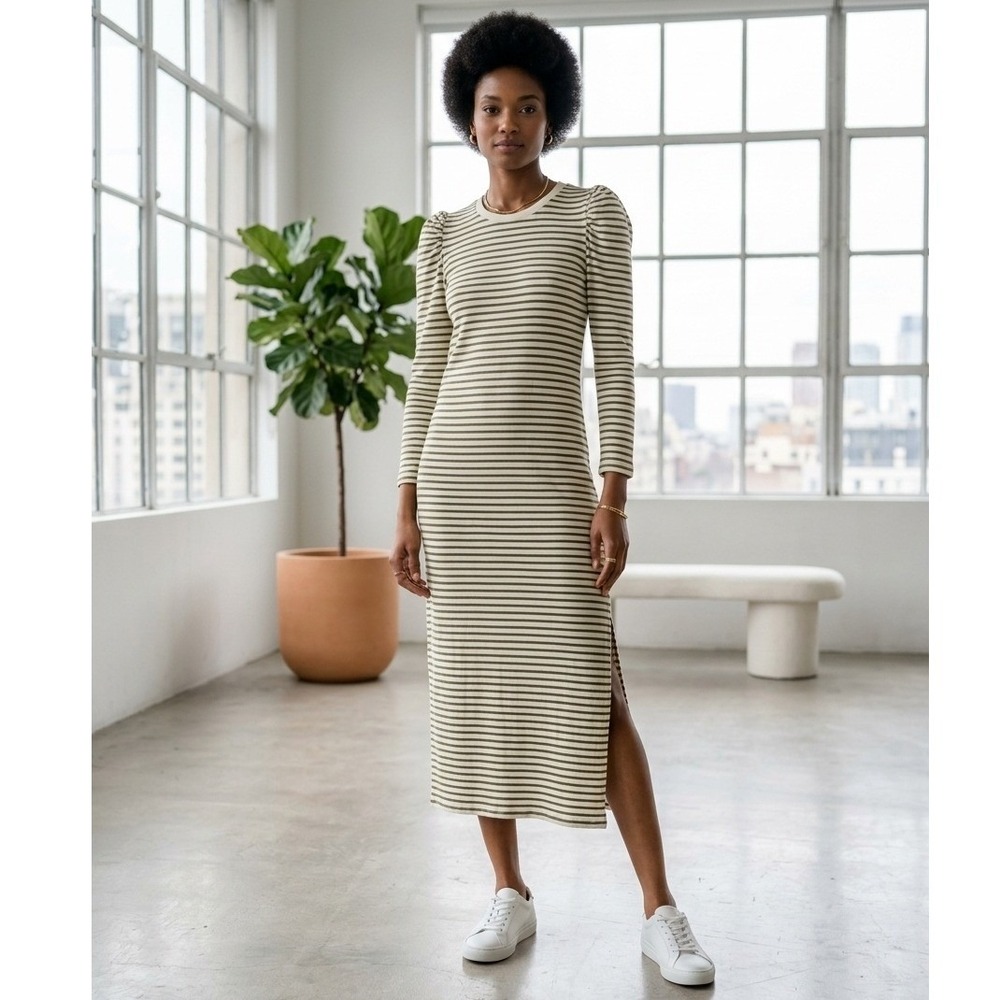 Pomander Place Striped Puff Sleeve Maxi Dress Green Cream Small